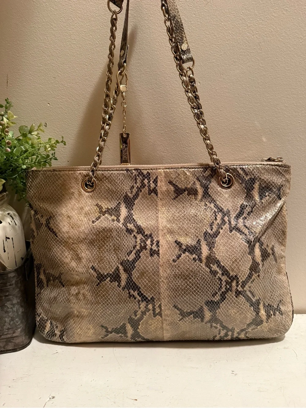 DKNY Metallic Gold Snake-Print Shoulder Bag with Chain Straps